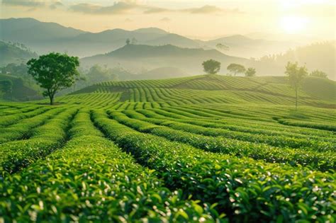 A Serene Scene Of A Green Tea Plantation Surrounded By Majestic