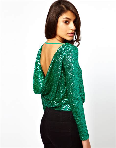 Asos Collection Cowl Back Top In Sequin In Green Lyst