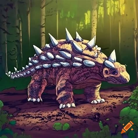 An Ankylosaurus In The Middle Of A Muddy Forest With A Manga Style On