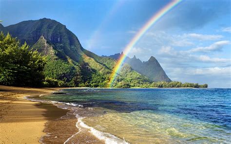 Playa Haena Kauai Hawai Monta As Arco Iris Nubes Cielo Mar