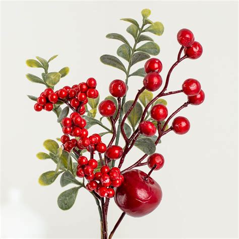 11 Artificial Red Berry Pick With Red Apple And Green Leaves Picks