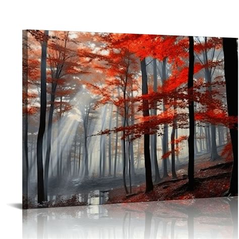 Shiartex Red Tree Canvas Wall Art Nature Forest Wall Decor Sunlight