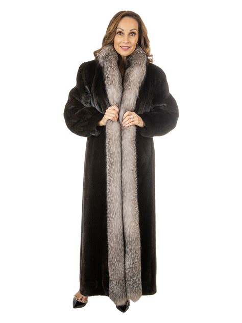 Ranch Mink Fur Coat With Indigo Fox Tuxedo Front Large Estate Furs