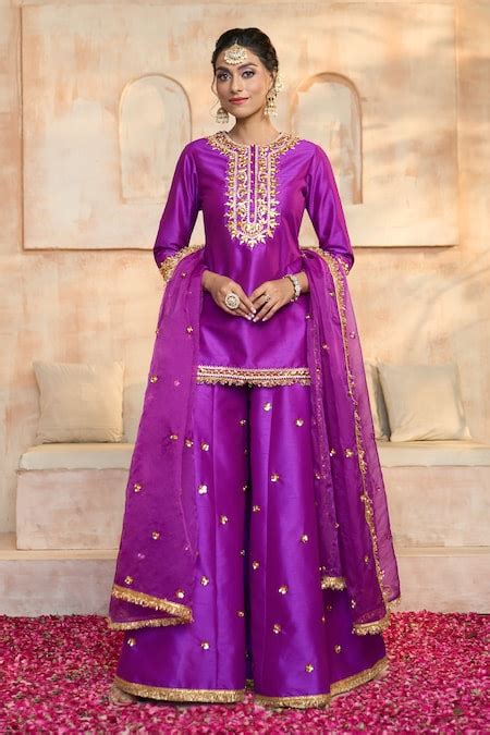 Buy Purple Kurta And Sharara Dupion Embroidered Gota Round Set For