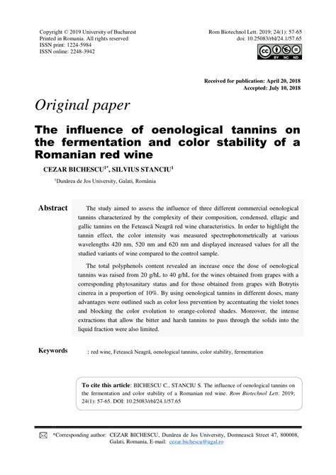 Pdf The Influence Of Oenological Tannins On The Fermentation And