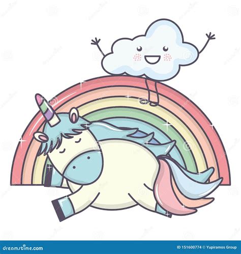 Cute Adorable Unicorn With Clouds And Rainbow Stock Vector