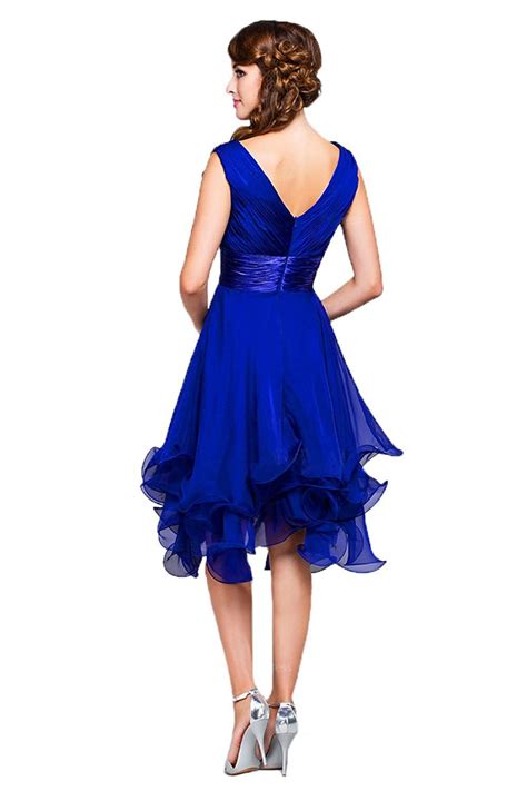 A Line Princess V Neck Short Royal Blue Chiffon Prom Bridesmaid Party Dresses Ed010372