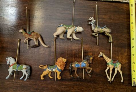 Lot 7 Hallmark Carousel Ride Ornaments: 2 Horses Giraffe Kangaroo Lion ...