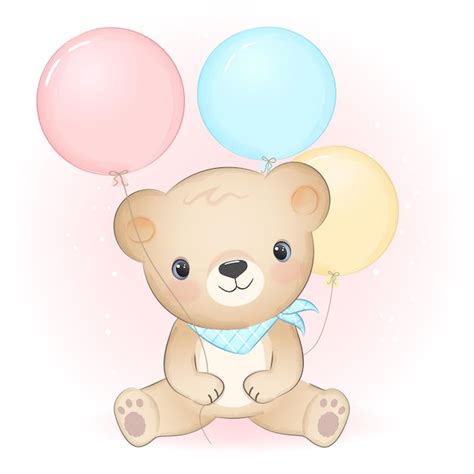 Premium Vector | Cute little bear with balloon hand drawn animal ...