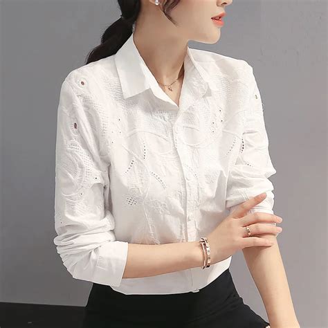 2018 New Summer Female White Shirt Long Sleeve 100cotton Hollow Embroidery Technologyplus Size