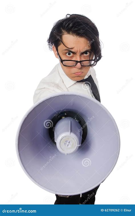 Angry Man With Loudspeaker Isolated On White Stock Photo Image Of