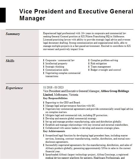 Vice President And Executive General Manager Resume Example