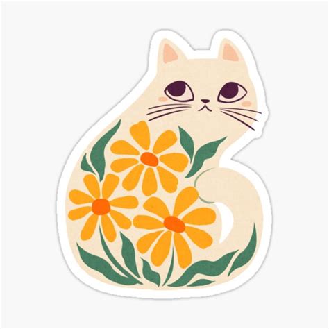 Retro Daisy Flowered White Cat Sticker For Sale By Michelledraws Redbubble