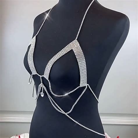 Bincho Nightclub Cross Hollow Out Bikini Nipple Chain Multi Layer Crystal Sexy Rhinestone Body