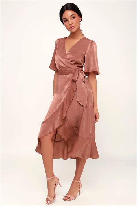 Wrapped Up In Love Mauve Satin Faux Wrap Midi Dress Wrap Dress Midi