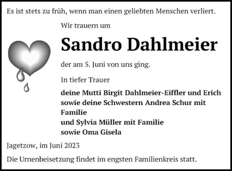 Traueranzeigen Von Sandro Dahlmeier Trauer Nordkurier