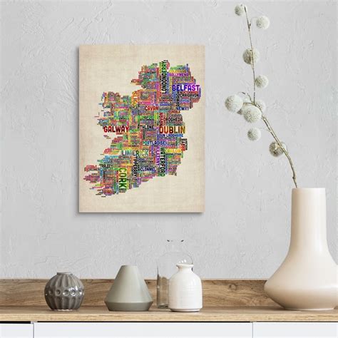 Irish Cities Text Map Multicolor On Parchment Wall Art Canvas Prints