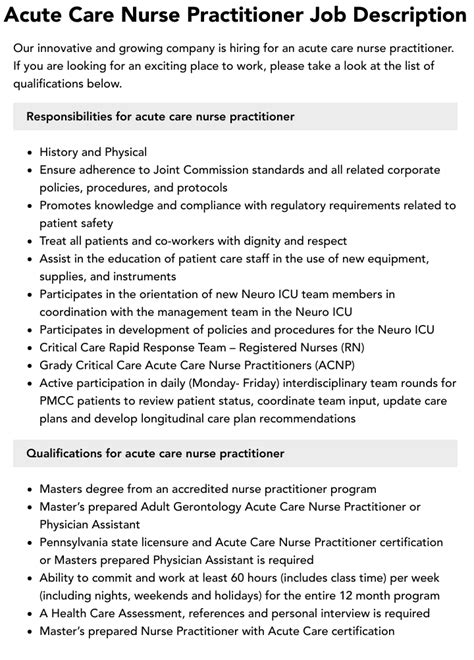 Acute Care Nurse Practitioner Job Description Velvet Jobs