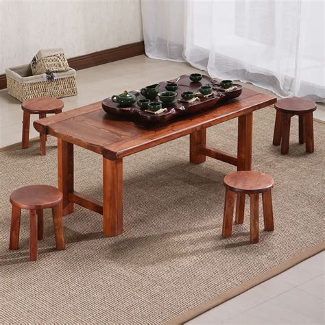 Wooden Low Kung Fu Tea Table Set With 4 Stool Modern Asain Chinese