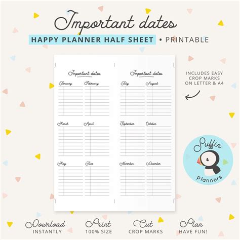 Important Dates Happy Planner Half Sheet Inserts Year Happy Etsy