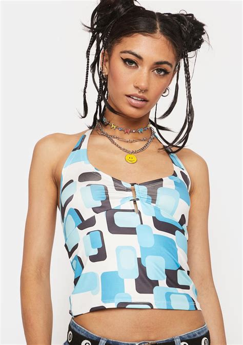 Abstract Print Halter Crop Top Blue Dolls Kill