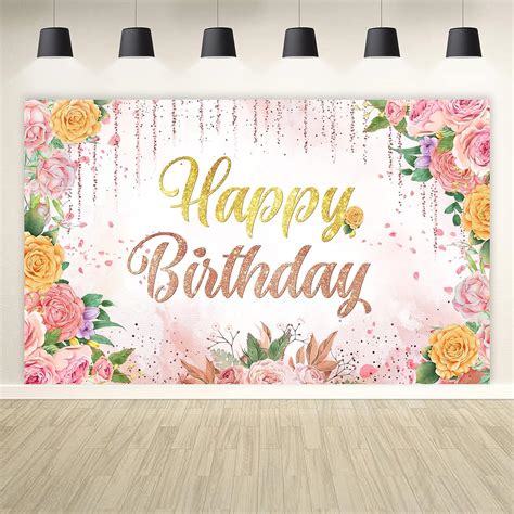 Buy Pink Happy Birthday Backdrop Floral Gold Glitters Birthday Banner With Rose Flower Birthday