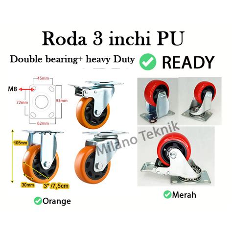 Jual Roda 3 Inch PU TAIWAN Double Bearing Tetap Hidup Putar Rem Troli