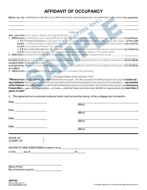 Affidavit Of Occupancy Nevada Legal Forms And Services