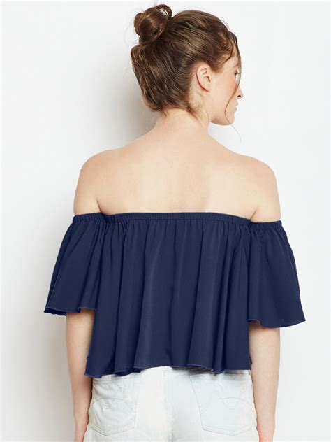 Berrylush Women Solid Blue Off Shoulder Neck Ruffled Crop Bardot Top