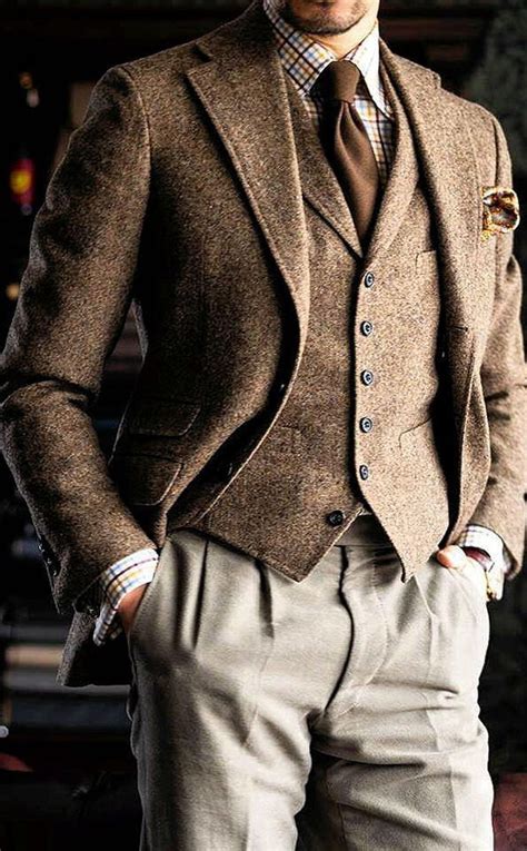 Brown 17 Num 3 Piece Tweed Suit Men Wedding Suit Groom Brown Tweed