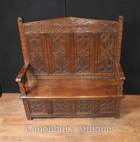 Antique Th Century Hand Carved Oak Monks Bench Or Settle Monks