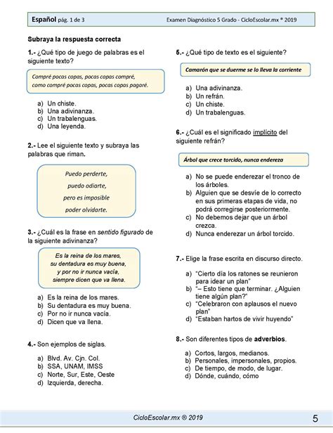 Examen Diagnóstico Quinto Grado 2019 2020 Imagenes Educativas