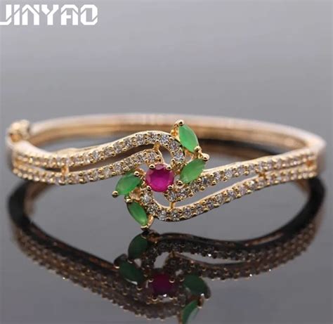 Jinyao Exquisite Gold Color Redandgreen Zircon Crystal Bracelet Bangle