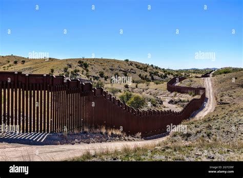 US border fence on the Mexico border, east of Nogales Arizona USA, and ...