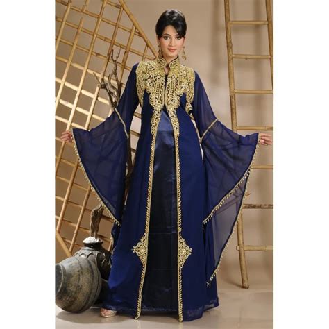 Robe De Dubai Bleue Chiffon Gold Beading Royal Blue Dress Dubai Kaftan