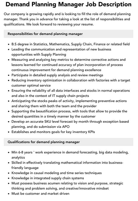 Demand Planning Manager Job Description Velvet Jobs