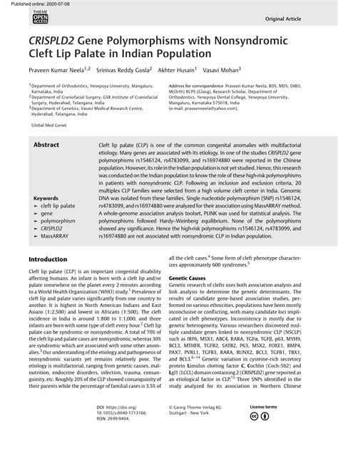 Pdf Crispld2 Gene Polymorphisms With Nonsyndromic Cleft Lip Palate In