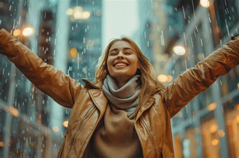 Premium Photo Happy Woman Raised Her Hands Up Celebrating Success