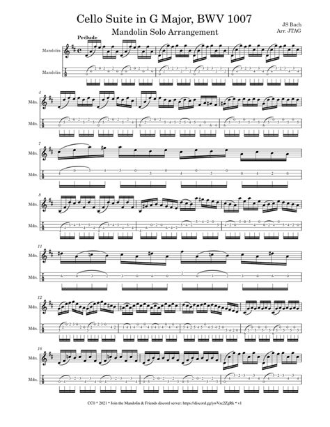 Cello Suite No1 In G Major Bwv 1007 Johann Sebastian Bach Sheet Music For Mandolin Solo