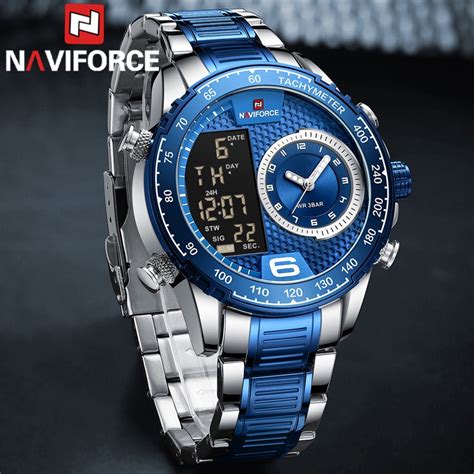 Homens Relógio NAVIFORCE Quartz Digital Watch Esporte Militar Prata