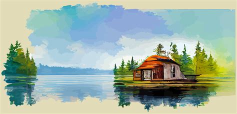 Illustration Vector Graphic Of Lake House On Watercolor Painting Style