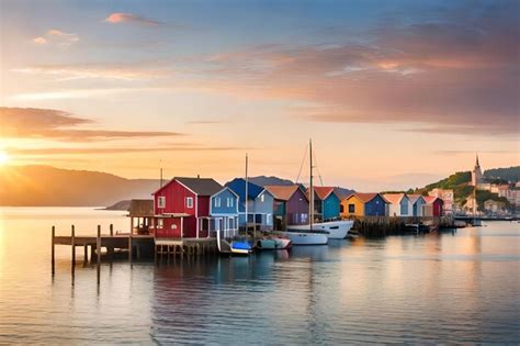 Premium Ai Image A Colorful Row Of Houses Sits On A Pier With The Sun