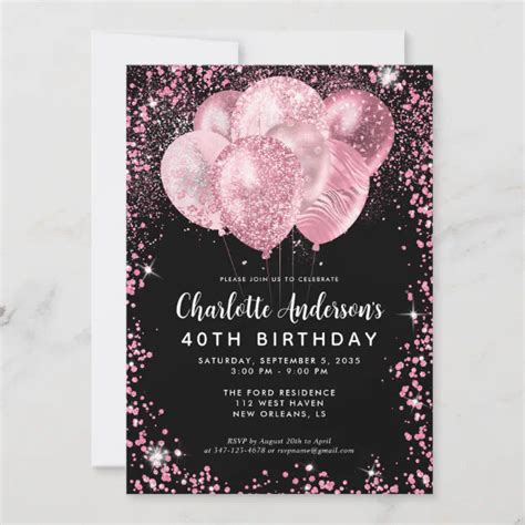 Modern Black Blush Pink Glitter Balloon Birthday Invitation Zazzle