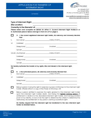 Fillable Online Application For Transfer Of Interment Right Fax Email