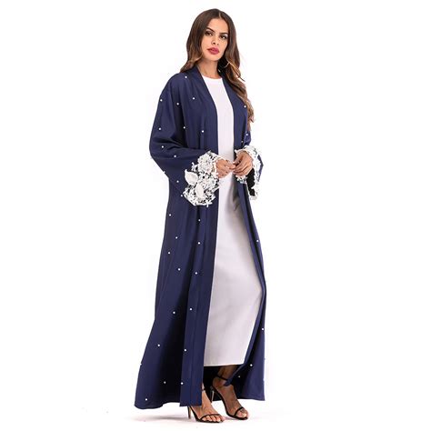 Abaya Muslim Lace Cardigan Women Beaded Open Robe Islam Dubai Maxi