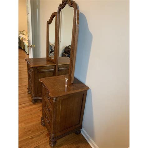 Antique Vanity Dresser With Full Floor Length Trifold Triptych Mirror