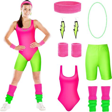 7 Pieces 80s Workout Costume Halloween 80s Accessories Set 80s 90s Leotard Yoga