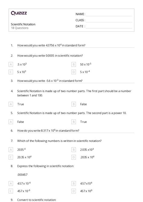 Scientific Notation Worksheets For Th Grade On Quizizz Free