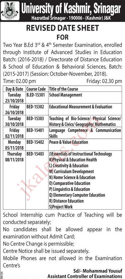 Kashmir University Revised Date Sheet For Two Year B Ed D Th