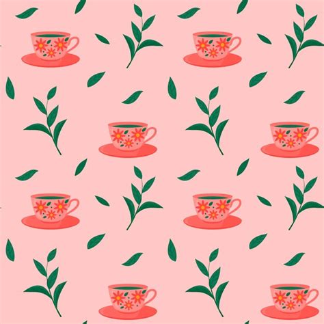 Premium Vector Seamless Pattern With Cup Saucer And Tea Leaves